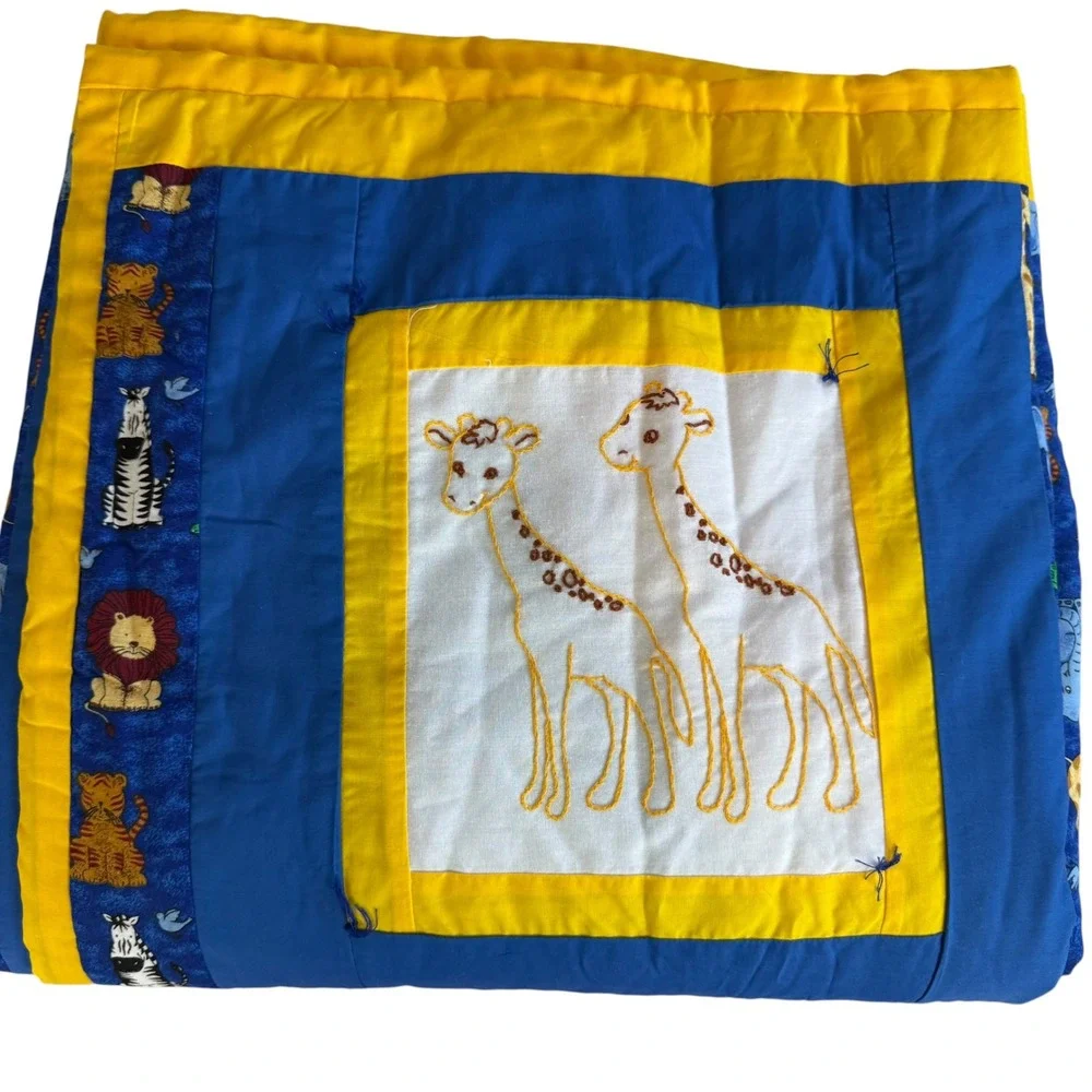 Handmade Noahs Ark Baby Quilt All Creatures Great And Small Embroidered Blue